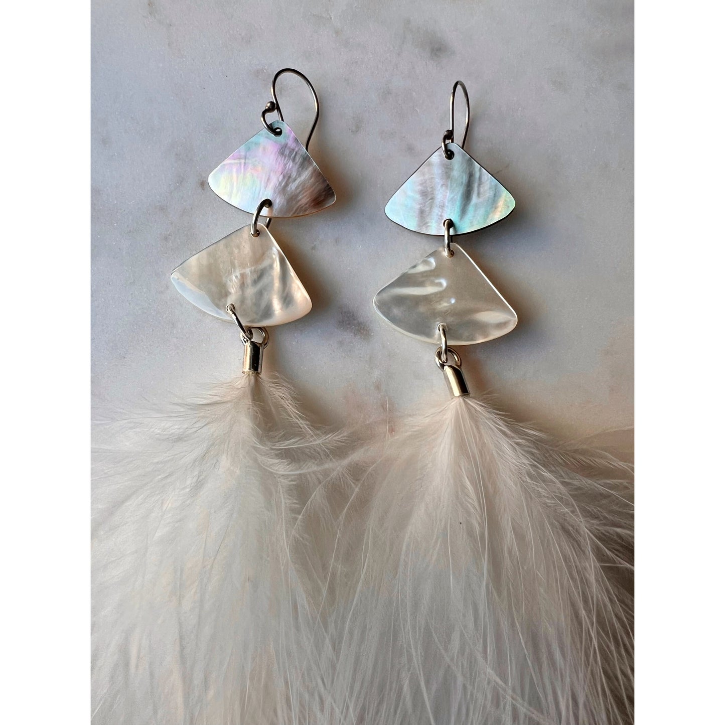 Mother of Pearl and Feather Fluff Earrings