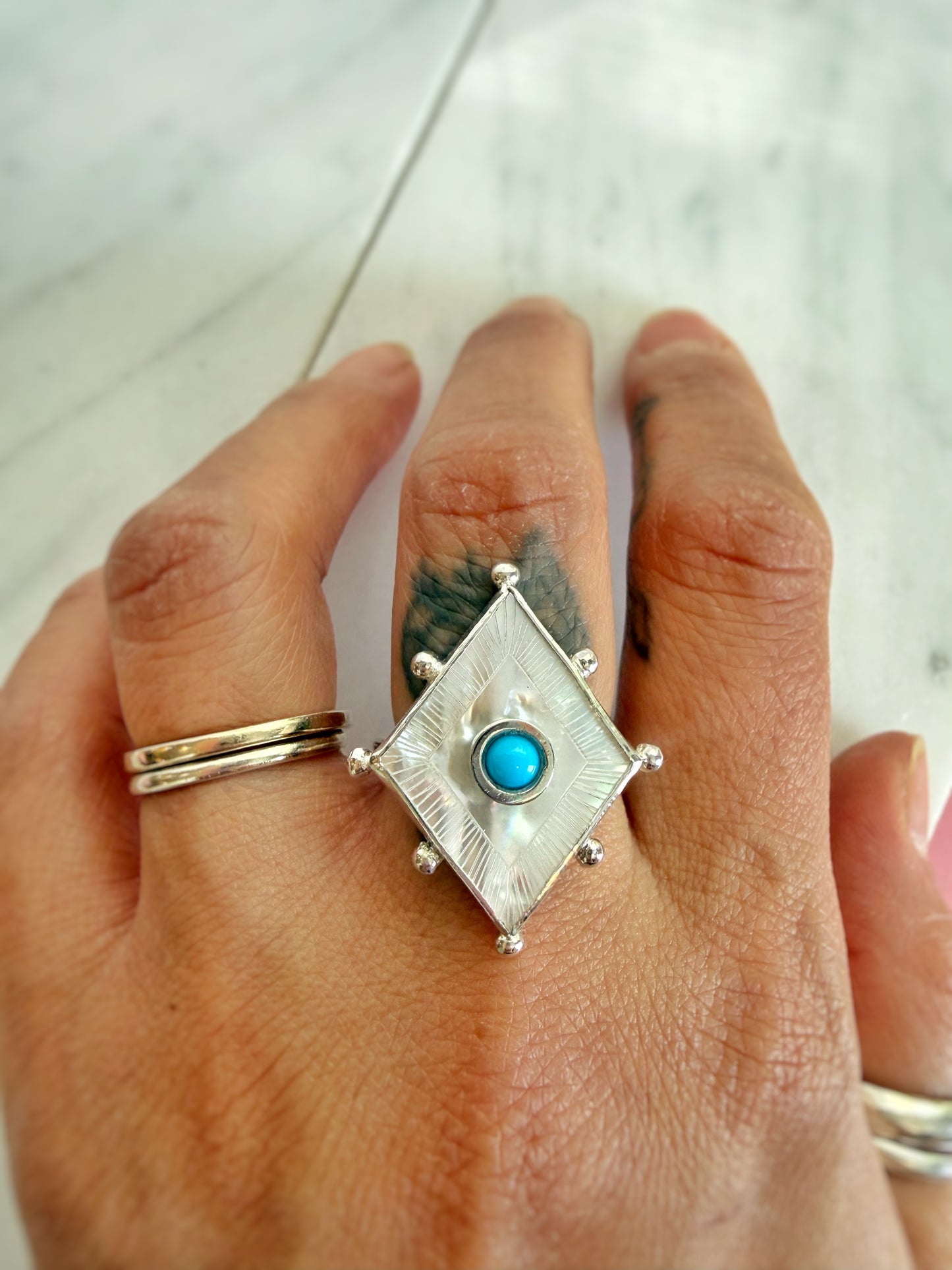 Etched Mother of Pearl and Turquoise Ring