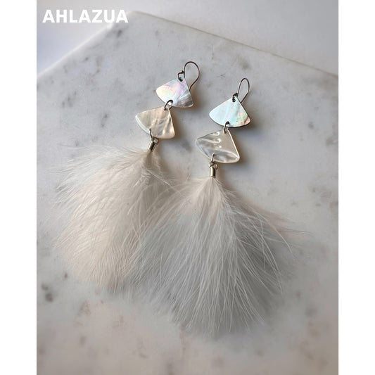 Mother of Pearl and Feather Fluff Earrings