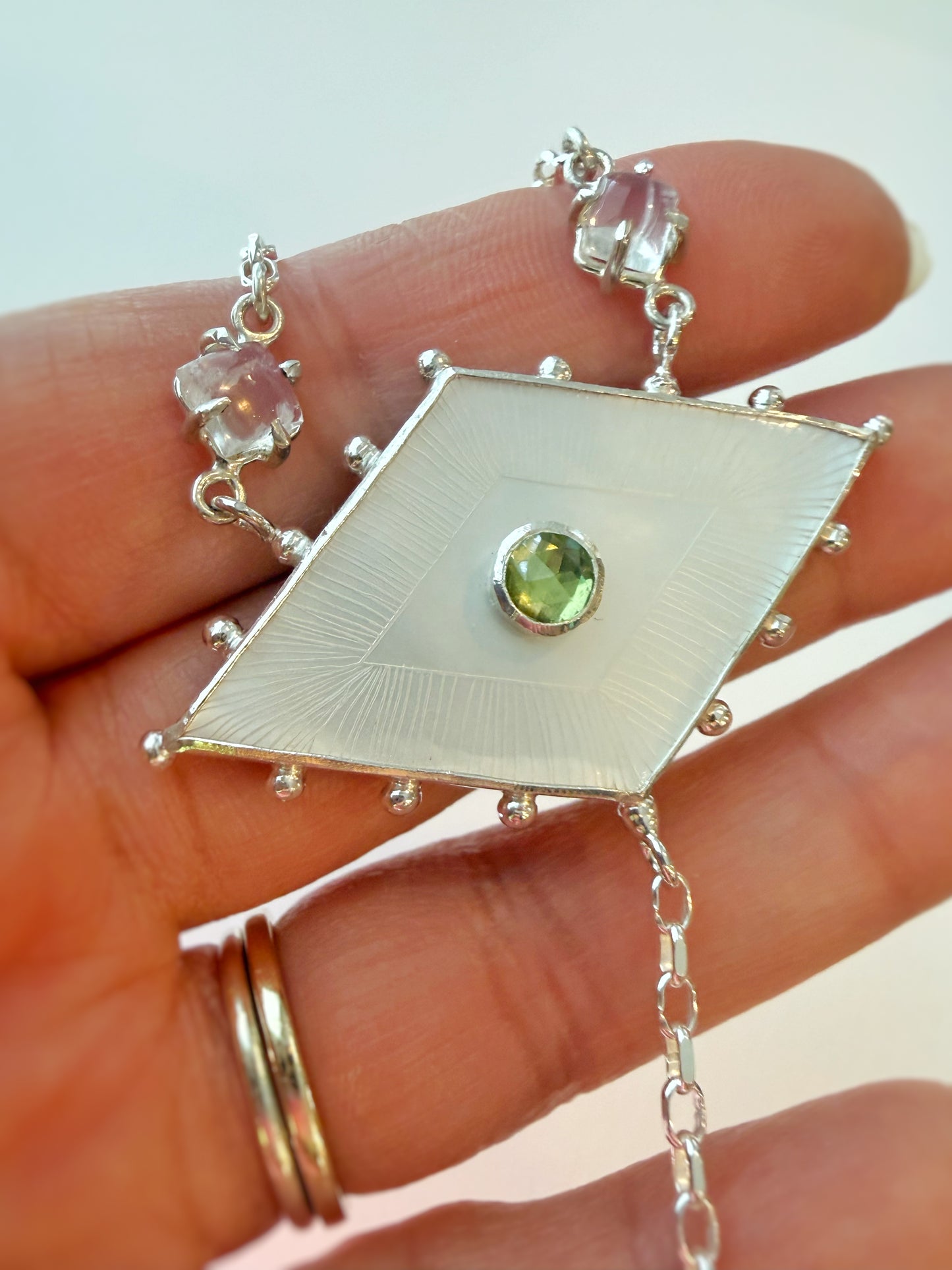 Etched Mother of Pearl, Peridot & Moonstone