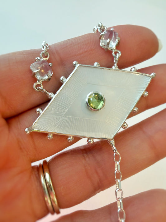 Etched Mother of Pearl, Peridot & Moonstone