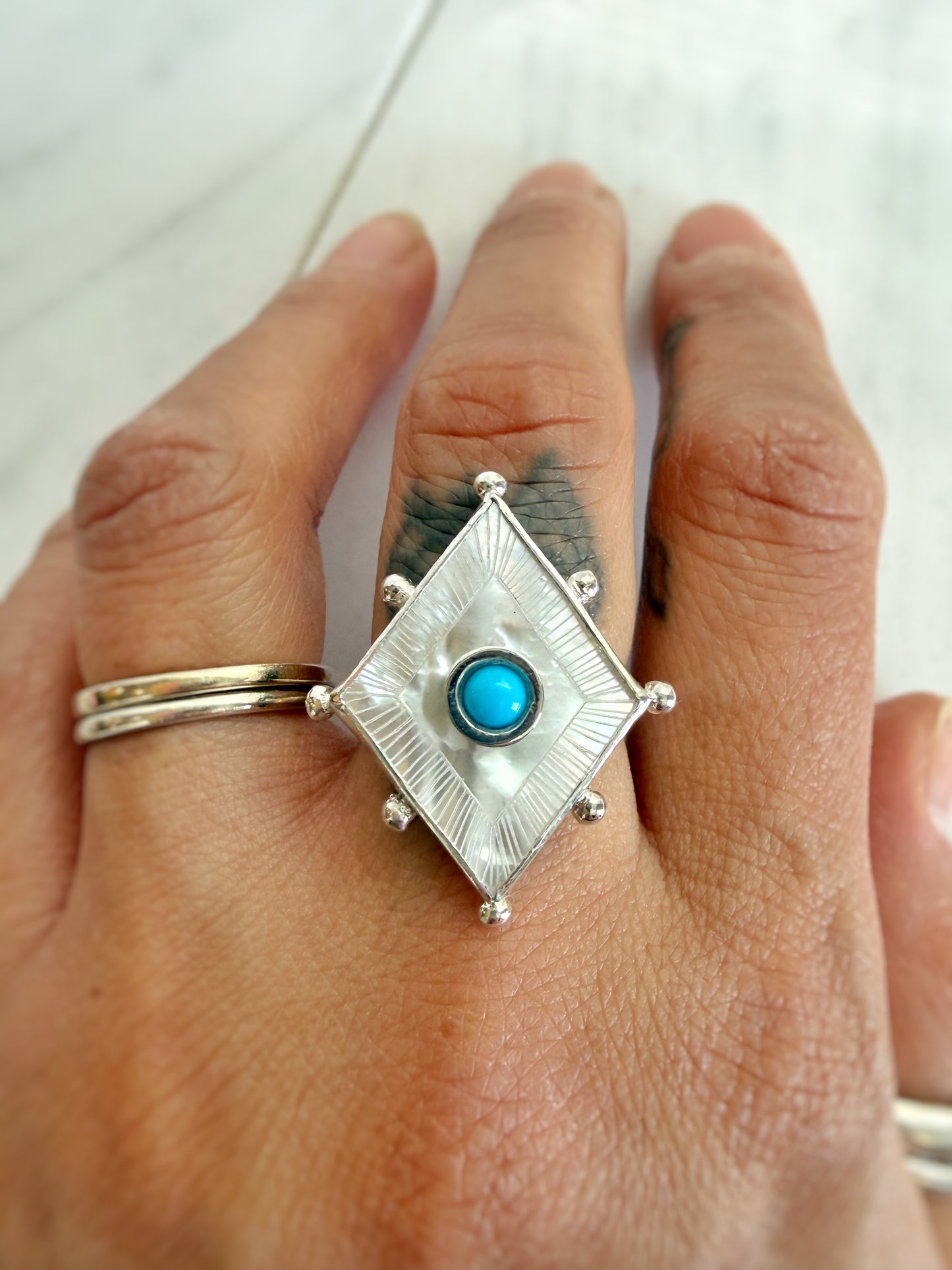 Etched Mother of Pearl and Turquoise Ring