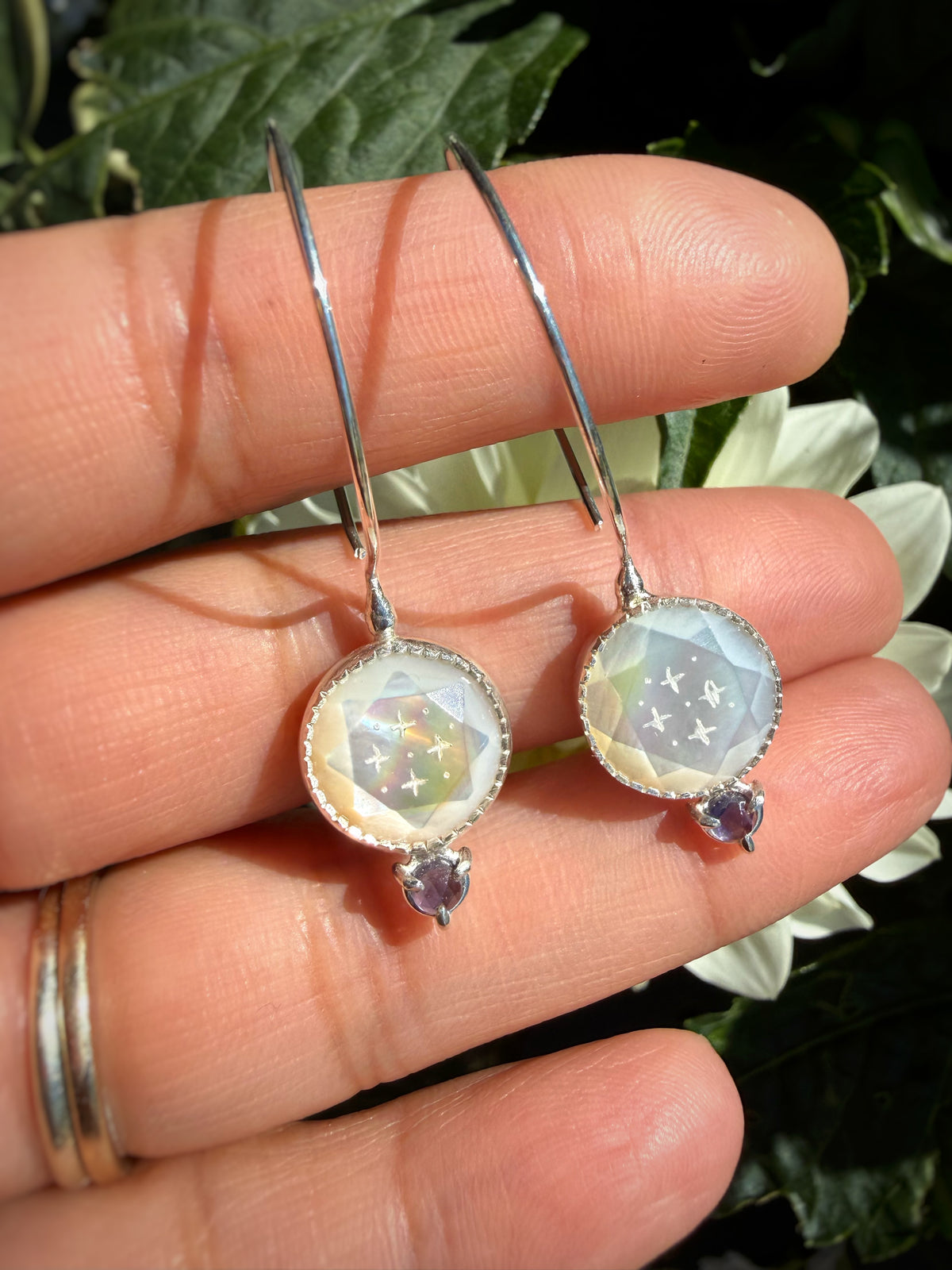 Etched Mother of Pearl Hoop Earrings Iolite