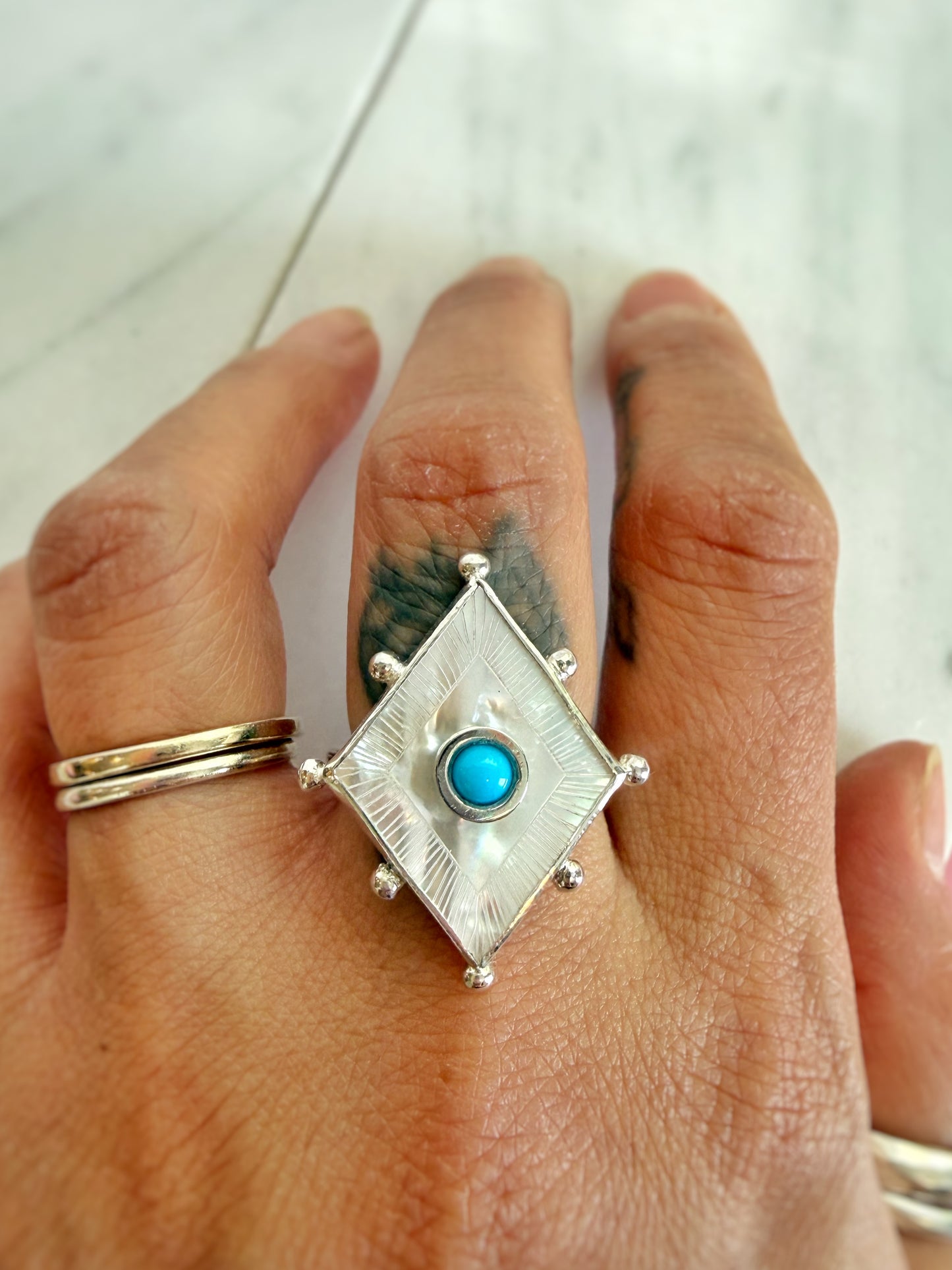 Etched Mother of Pearl and Turquoise Ring