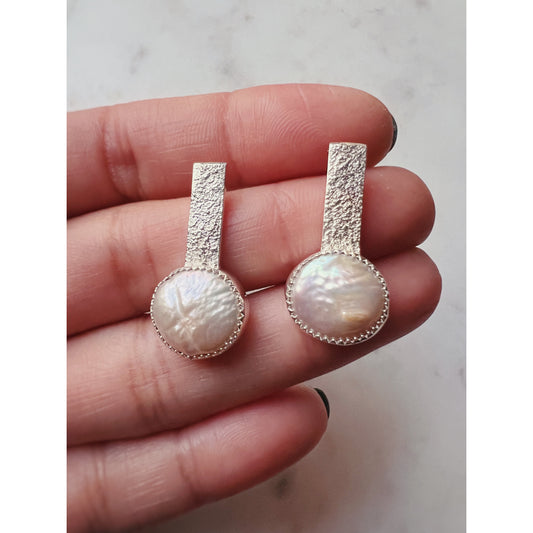 Textured Silver and Pearl Earrings