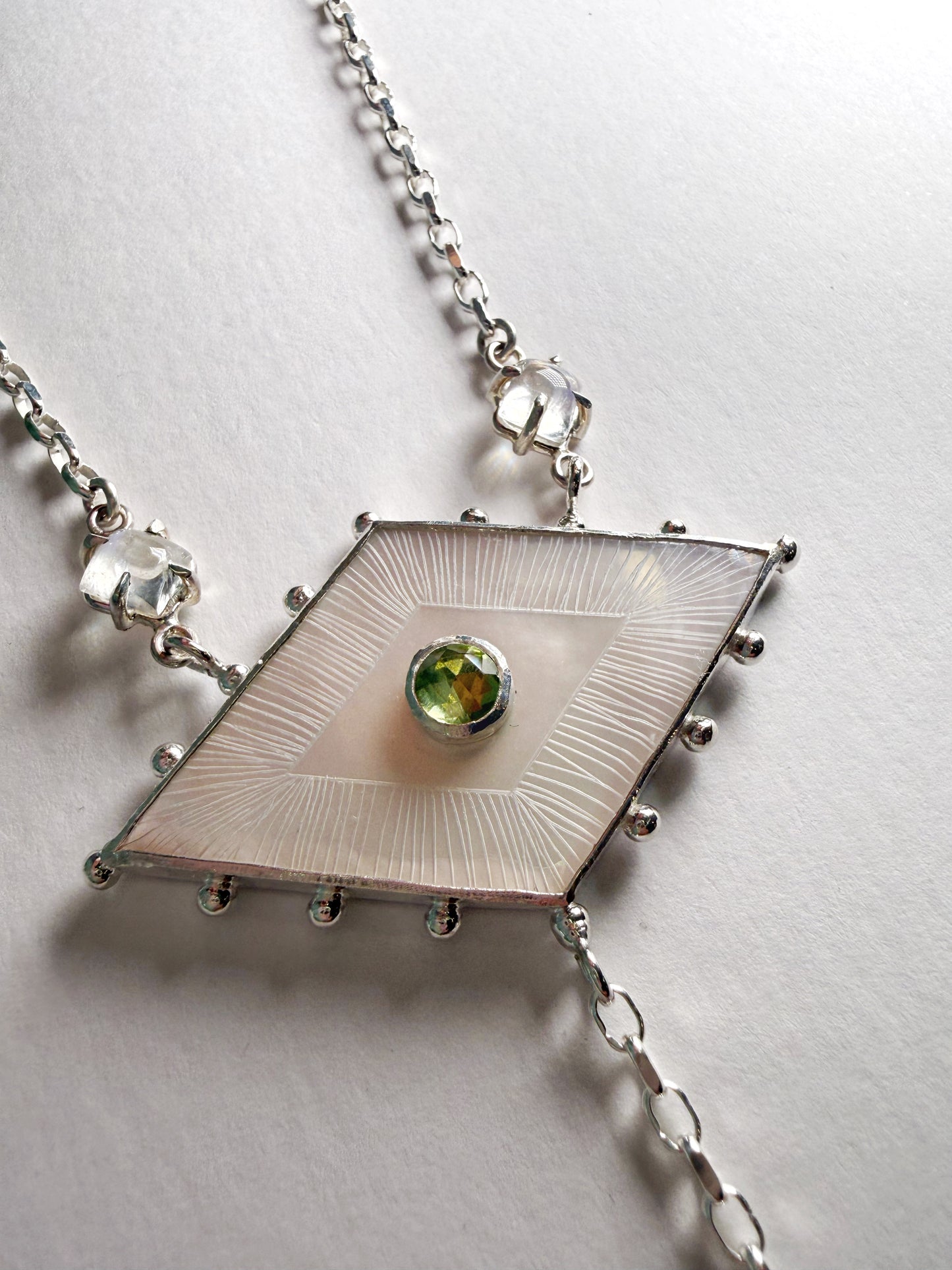 Etched Mother of Pearl, Peridot & Moonstone