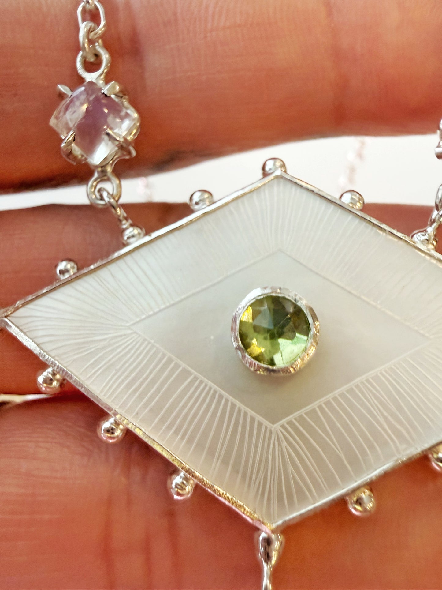 Etched Mother of Pearl, Peridot & Moonstone