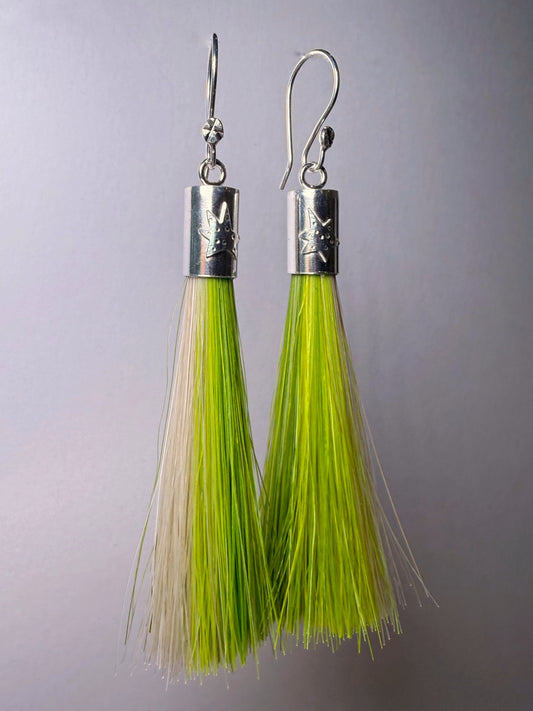 Neon Green/ Blonde Horse Hair Earrings in Sterling Silver