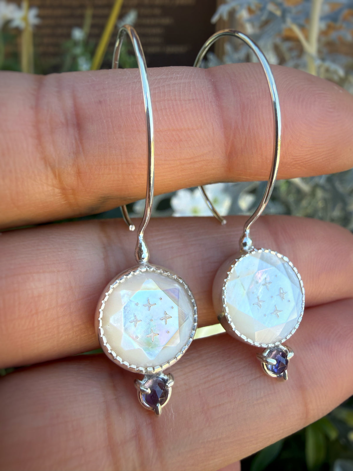 Etched Mother of Pearl Hoop Earrings Iolite
