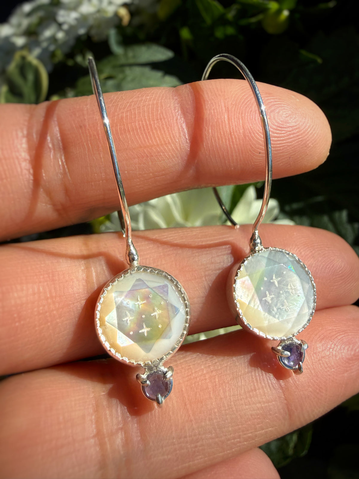 Etched Mother of Pearl Hoop Earrings Iolite