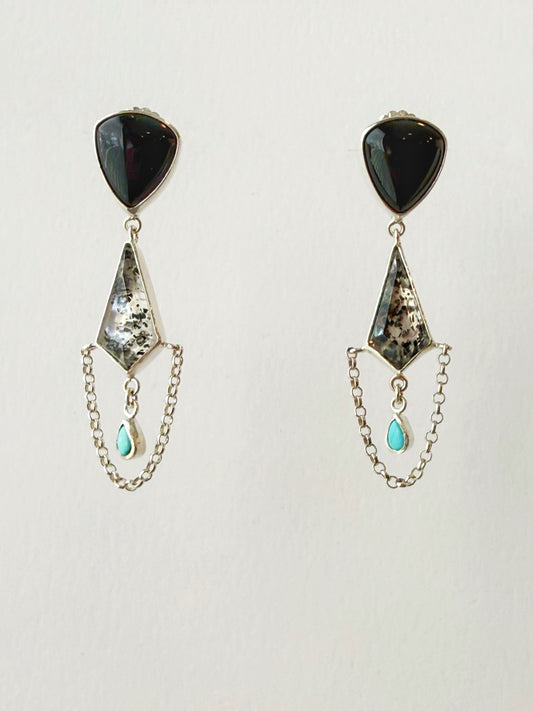 Faceted Tourmalated Quartz and Onyx Earrings
