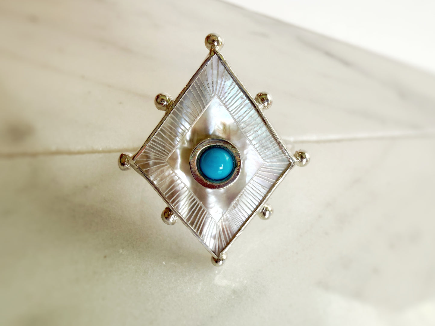 Etched Mother of Pearl and Turquoise Ring
