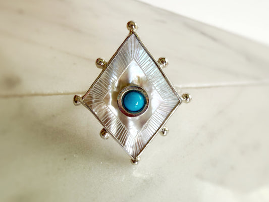Etched Mother of Pearl and Turquoise Ring