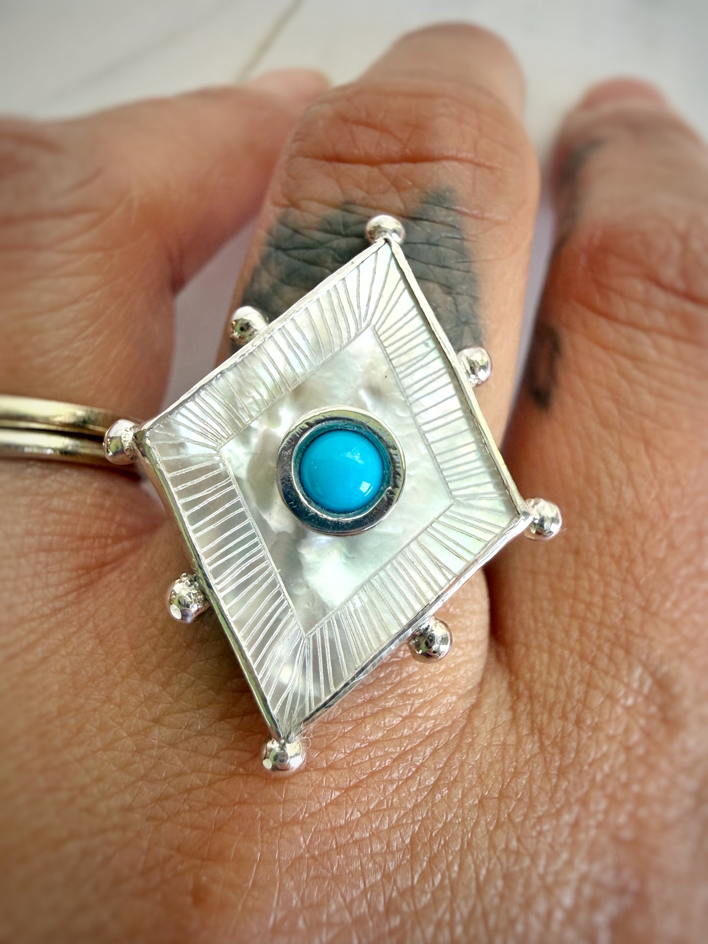 Etched Mother of Pearl and Turquoise Ring